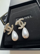 Gold White Pearl Diamanté Dangle Drop Chanel CC Earrings 