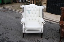 White High Back Chair Premium Real Leather Authentic Queen Anne Chesterfield