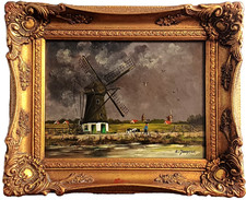 Antique Dutch oil painting on woood panel windmill landscape signed framed