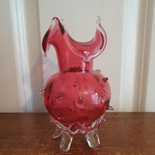 Vintage Small Ruffled Footed Spiky Cranberry Glass Vase Pink 14cm tall 