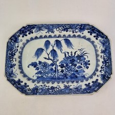 Antique 18thC Chinese Blue And White Platter Plate Painted Garden Flowers 27cm