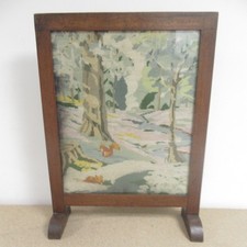 Wooden Fire Guard Glass Front Tapestry Forest Scene 71x51.5cm | Preloved