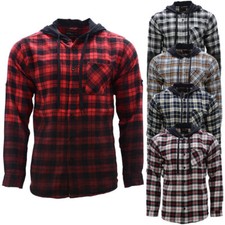 Mens Flannel Lumberjack Check Shirts Soft Cotton Long Sleeve Casual Hooded Shirt