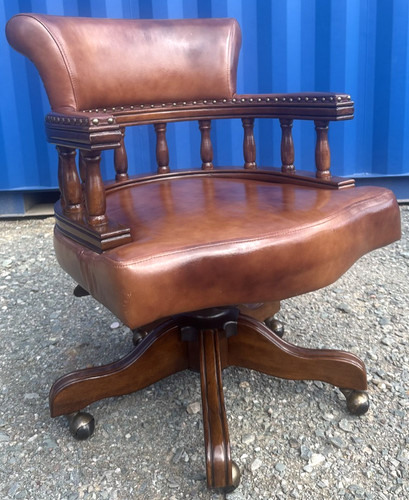 Brown leather swivel wide desk - leather,