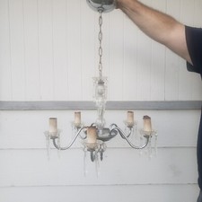 Vintage light fixture chandelier crystals prisms silver 18" shabby chic cottage