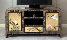 Oriental Chinese Gold Leaf Large TV Media Cabinet with Hand Painted Crane Design