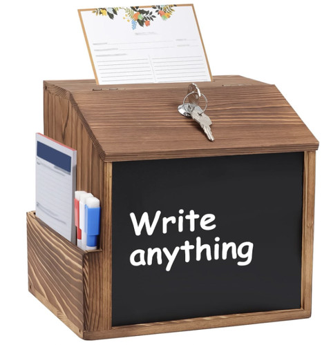 Wooden suggestion box with - suggestion,