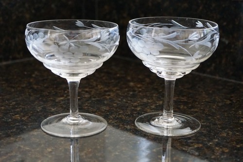 Pair cut etched crystal - of, &