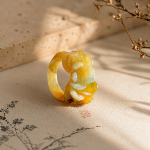 Golden peony jade - golden, carved