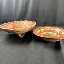Vintage Hand Painted 3-Legged Folkart Terracotta Clay Bowls/Table Decor/Art