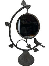 Vtg 19.5" Wrought Iron Stand Round Mirror Swivels With Bird & Ivy Vine Frame