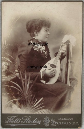 Cabinet card lady playing lute - playing,