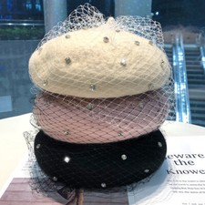 Women Wool Blend Beret Hat Tea Party Shiny Diamante Mesh Fascinator Cap Wedding