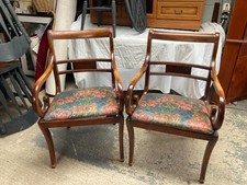 Vintage Antique Style Brown Wooden Carver Dining Chairs x 2 Pattern Fabric Seats