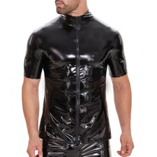 Mens Shiny Slim PVC Leather Wet Look Zipper Nightclub Short Sleeve T-Shirts Tops