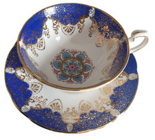 Vintage Cobalt Blue White Pink Gold Paragon Fine China Cup & Saucer