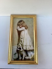 VTG Wood Framed Print In Disgrace by Charles Burton Barber Little Girl w/Dog