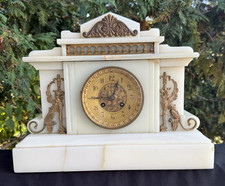 Antique C 1890s Japy Freres White Onxy Rococo Ormolu Mantle Clock - SEE VIDEO