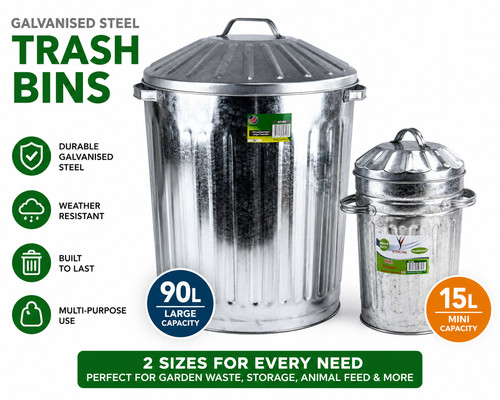Galvanised metal dustbin - metal,