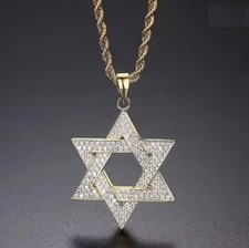 Gold Iced The Star of David Necklace Jewish Judaism 58cm Chain Diamantes v4