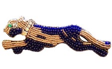 Art Deco Style Blue Crystal Beads LARGE PANTHER Big Cat Handmade BROOCH Laines 