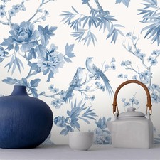 Amelie Chinoiserie Wallpaper Blue / White Rasch 260554 Birds Washable Matte