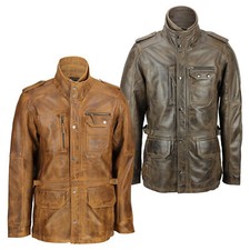 New Mens Retro Real Leather Washed Tan Brown Vintage Military Coat Field Jacket