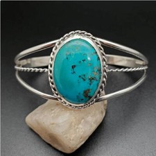 Black Friday Blue Turquoise Gemstone 925 Sterling Silver Handmade Bracelet Cuff
