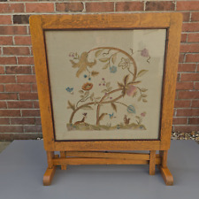 Antique Oak Folding Fire Screen Table with Embroidered Panel Vintage Decor