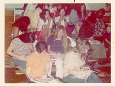 Girls Signing Yearbooks Gym High School Bleachers Retro 1970s VTG Photo