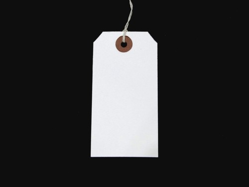 White strung tie tags - strung, on
