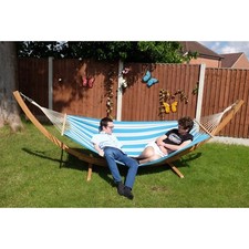 Outdoor Garden Hammock with Wooden Stand, 2 Persons Swing Hanging Bed Patio Blue