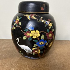 Antique ‘Carlton Cloisonné’ Ware Ginger Jar, Black With Birds Butterflies & Bugs