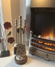 VINTAGE STYLE BRASS & ENAMEL COMPANION SET FIVE PIECE OPEN FIRE LOG BURNER.