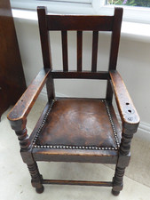 Antique Victorian child's chair, carver oak arm, leather seat, child children