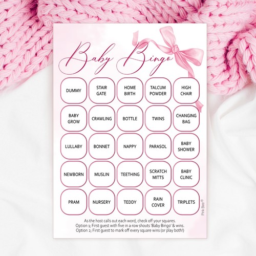 Baby shower bingo pink bow - shower, -pink