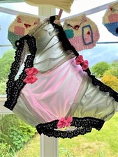 Sissy black & pink pvc panties knickers waterproof plastic lace bows see through