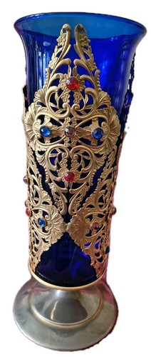 Vtg jeweled brass vase with - vase,