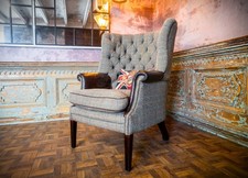 TETRAD MACKENZIE HARRIS TWEED ANTIQUE BROWN LEATHER CHESTERFIELD WINGBACK CHAIR