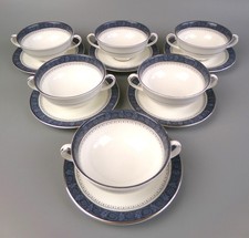 Royal Doulton Soup Cups / Bowls x 6. Blue SHERBROOKE pattern bone china. Vintage