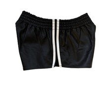 Black Leather Athletic Shorts With White Side Strips.