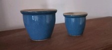 2 x Matching Vintage Old Garden Outdoor Blue Stoneware Plantpots.