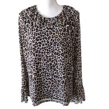 Sara Campbell Leopard print Peter Pan collar long bell sheer sleeve blouse L