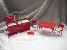 VINTAGE 50s 60s RED PLASTIC KITCHEN FURNITURE DOLLS HOUSE ADDIS DUSTPAN etc
