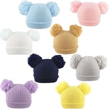 Baby Pom Pom Hat Beanie Cap Double Bobble Knitted Boy Girl NB, 0-3, 3-6, 6-12