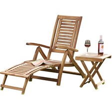 Garden Life Acacia Hardwood Folding Steamer Deckchair Integrated Footstool Table