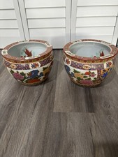 Large Porcelain Chinese Tropical Koi Fish Bowl Garden Planter Pot flowers Set 2