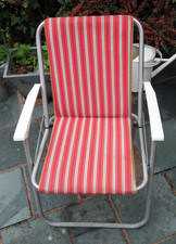 Vintage Retro Red & White Striped Print Deck Chair Beach Caravan 1970s #02