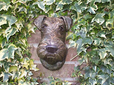 LARGE BRONZED STONE  AIREDALE TERRIER DOGS HEAD WALL HANGING GARDEN  SCULPTURE