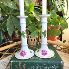 Vintage Candlestick Table Lamps Ceramic Roses Rustic French Country Cottagecore